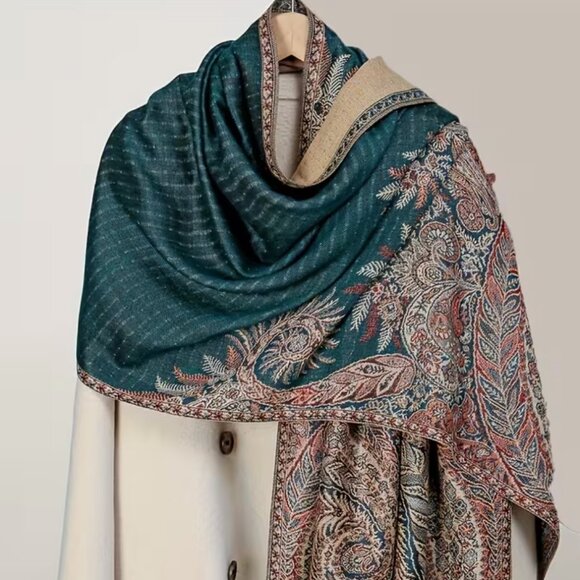 Dark Green & Beige Reversible Warm Scarf Shawl , Holiday Winter Gift Idea - Picture 1 of 5